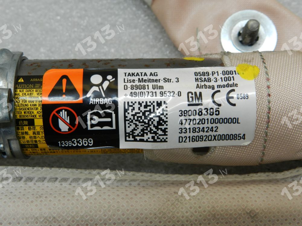 Opel Astra K 15-21 Universālis Kreisās puses Salona jumta sāna gaisa spilvens airbag 39008395 39008395 39058587